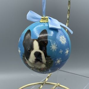 E&S Pets Boston Terrier Christmas Wreath Christmas Ornament Blue Snow Flakes